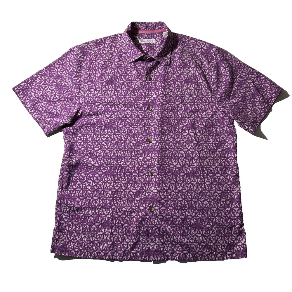 Tommy Bahama Silk Hawaiian Shirt - Tropical Purple Button Up Aloha - Men's L